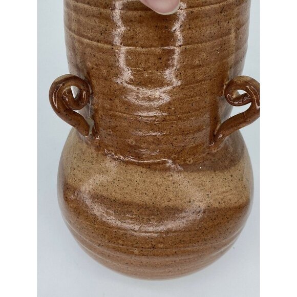 Handmade Art Pottery Vase Vintage 2001 Signed 4‎ Handled Milk Jug 9” Brown Tan - Picture 8 of 12
